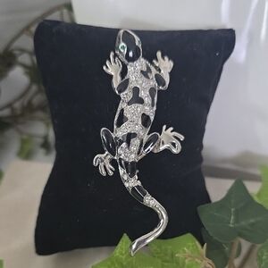 Vintage Silver with Black Enamel and Pave Rhinestone Lizard Brooch Pin